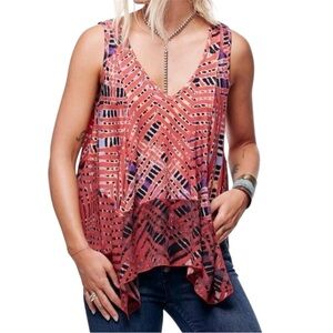 Free People Day Dreamer Chiffon Trim Asymmetrical Geometric Flowy Tank Top 0052